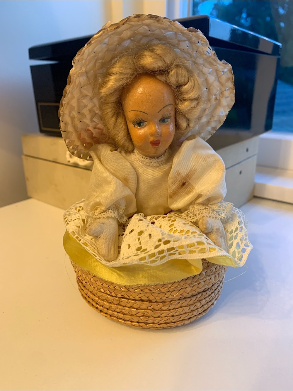 Vintage  Doll in Cream and Yellow Decorative Basket